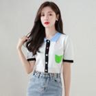 Cropped Color Block Knit Polo Shirt White - One Size