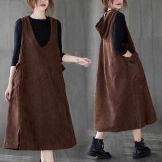 V-neck Corduroy Midi A-line Overall Dress