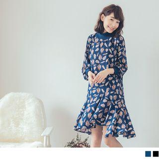 Lettuce Edge Feather Print Asymmetric Dress