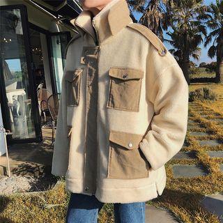 Stand Collar Corduroy Panel Zip Utility Jacket