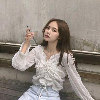 Bell-sleeve Drawstring Cropped Top White - One Size