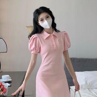 Puff-sleeve Embroidered A-line Polo Dress