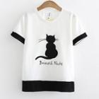 Cat Embroidered Color Block Short-sleeve T-shirt