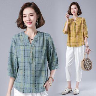 Puff-sleeve Plaid Overhead Shirt