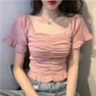 Short-sleeve Square-neck Shirred Crop Top