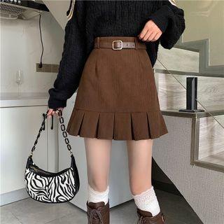 Set: Corduroy Mini A-line Skirt + Belt