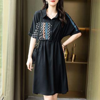 Elbow-sleeve Print Panel A-line Dress