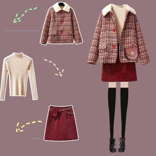 Fleece Collar Plaid Coat / Long-sleeve Mock-neck Knit Top / Mini Skirt / Set