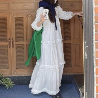 Long-sleeve Frill Trim Lace Panel Tiered Maxi Dress