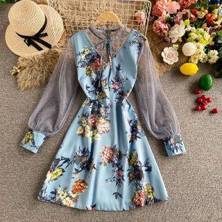 Mesh Panel Bow-detail Floral Print Mini Dress