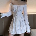 Long-sleeve Off-shoulder Pleated Mini A-line Dress