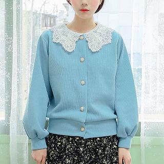 Lace-collar Ribbed Blouson Cardigan