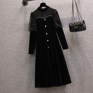 Long-sleeve Velvet Faux Pearl A-line Dress