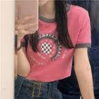 Printed Letter Cropped Top Pink - One Size