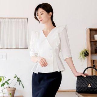 Button-side Ruffled Peplum Blouse
