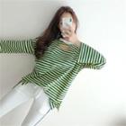 Set: Slit-detail Striped T-shirt + Contrast-trim Shirtdress