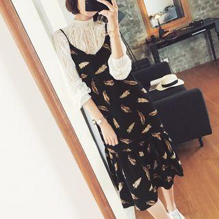 Leaf Print A-line Midi Spaghetti Strap Dress