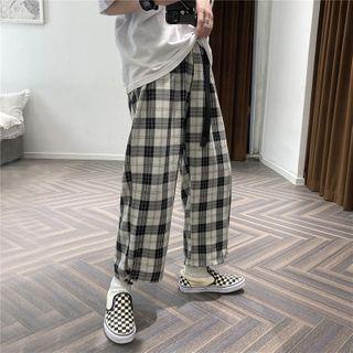 High-waist Plaid Loose Fit Straight Cut Pants