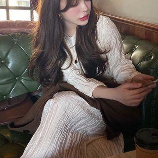Long-sleeve Ruched Maxi A-line Dress Off-white - One Size