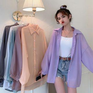 Long-sleeve Sheer Shirt Coral Green - One Size