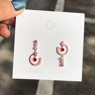 Asymmetric Rhinestone Ear Stud 1 Pair - Red & Rose Pink - One Size