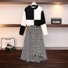 Set: Two-tone Sweater + Houndstooth A-line Midi Skirt