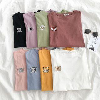 Long-sleeve Animal Embroidered T-shirt Light Purple - One Size