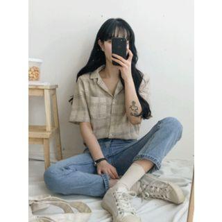 Notched-collar Short-sleeve Plaid Shirt