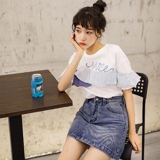 Elbow-sleeve Ruffled Letter T-shirt