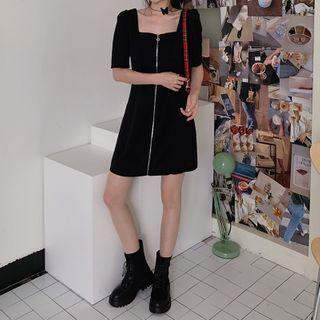Zip-up Short-sleeve Mini A-line Dress
