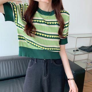 Short-sleeve Heart Print Knit Top Green - One Size