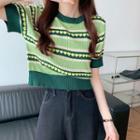 Short-sleeve Heart Print Knit Top Green - One Size