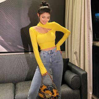 Mock-neck Plain Split Ruffle Top