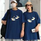 Couple Matching Printed Elbow-sleeve T-shirt Dark Blue - One Size