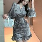Long-sleeve V-neck Frill Hem Mini Sheath Dress