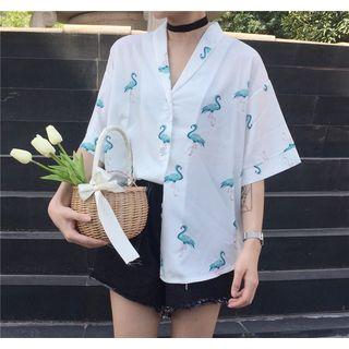 Flamingo Print Elbow Sleeve Shirt