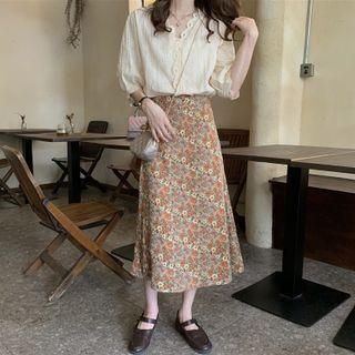 Set: Short-sleeve V-neck Lace Panel Cut-out Blouse + High-waist Floral Skirt