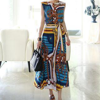 Set: Print Sleeveless Top + A-line Midi Skirt
