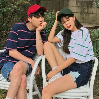 Couple Elbow-sleeve Stripe T-shirt