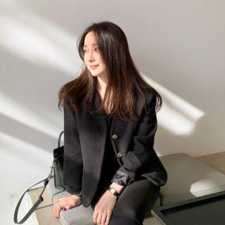 Collarless Button-trim Blazer