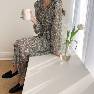 Tie-waist Shirred Floral Long Dress