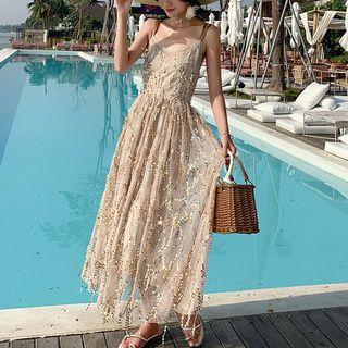 Strappy Sequined Mesh A-line Midi Dress