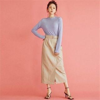 Slit-front Faux-leather Skirt With Belt