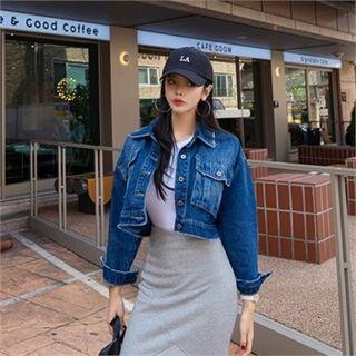 Detachable Hooded Cropped Denim Jacket Dark Blue - One Size