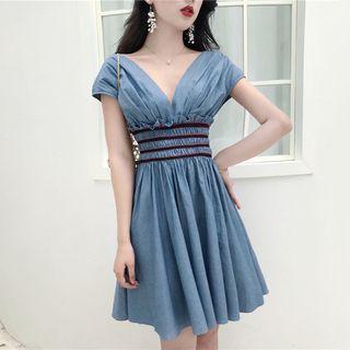 Short Sleeve V-neck A-line Denim Dress