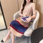Mock-neck Color Block Knit Midi A-line Dress