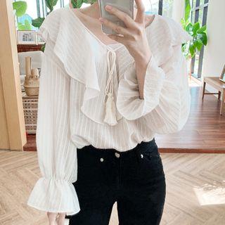 Ruffled Striped Chiffon Blouse Beige - One Size