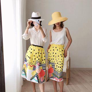 Print Midi A-line Skirt/ Straight Cut Skirt