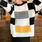 Color Block Plaid Panel Sweater Plaid - Black & White - One Size