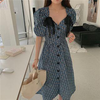 Puff-sleeve Flower Print Midi A-line Dress Blue - One Size